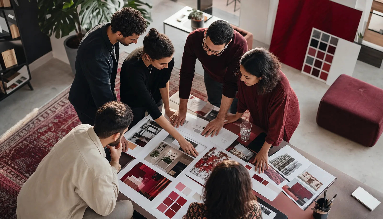 A strategy team shaping a brand direction around a studio table